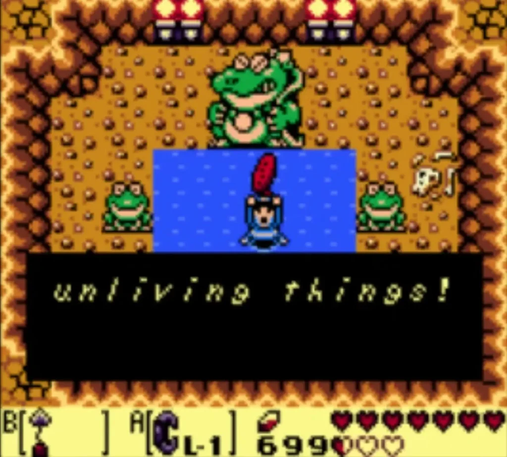 Link holds an item above his head in the frog cave as the unliving things message finishes Link holds an item above his head in the frog cave as the unliving things message finishes