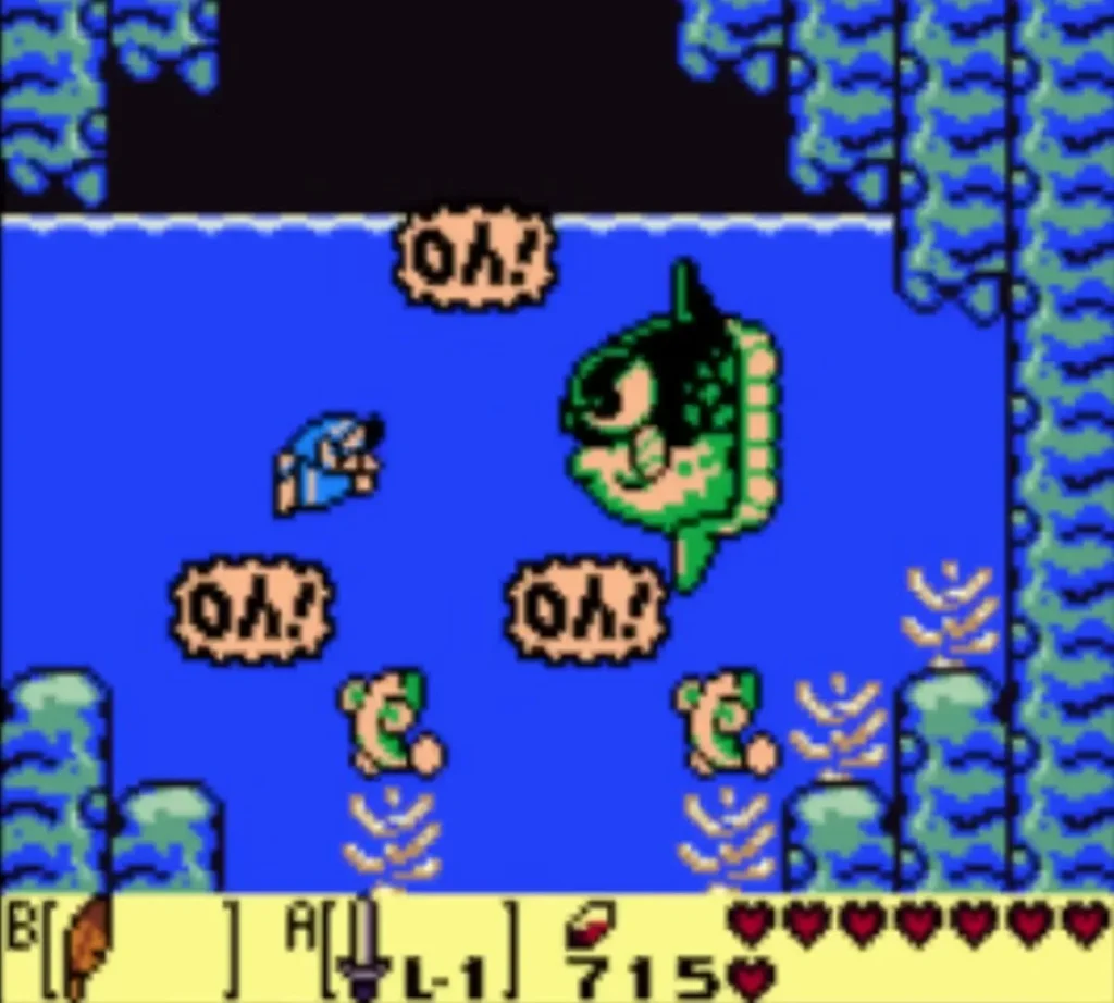 Manbo and the pond fish react as Link swims below Manbo and the pond fish react as Link swims below