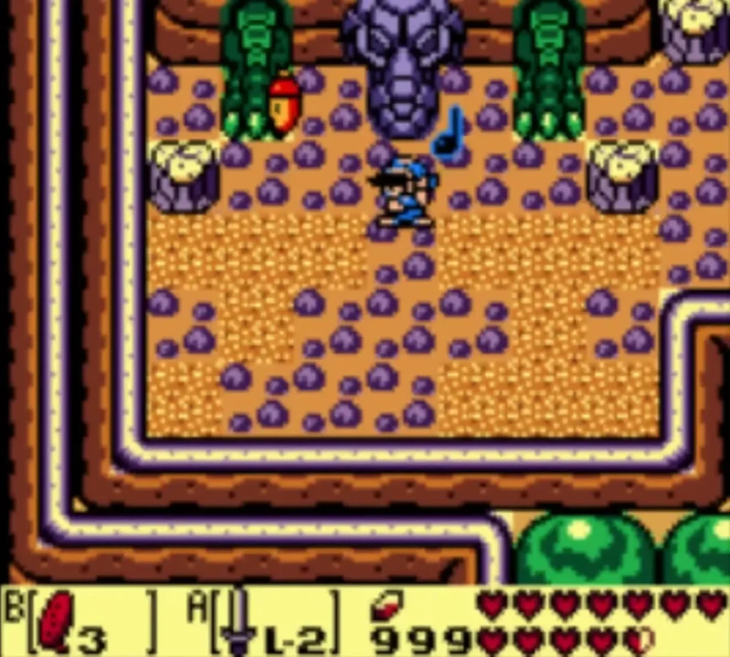 Link plays the Ocarina in front of a stone head as notes rise Link plays the Ocarina in front of a stone head as notes rise