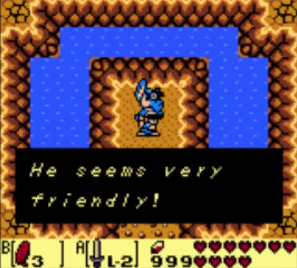 A box reads He seems very friendly! as Link stands on a sandy island in the water A box reads He seems very friendly! as Link stands on a sandy island in the water