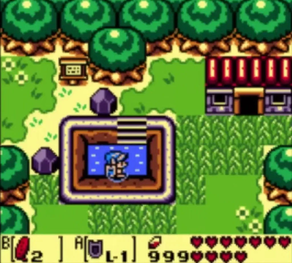 Link surfaces in the warp pond beside Crazy Tracy's house after playing the song Link surfaces in the warp pond beside Crazy Tracy's house after playing the song