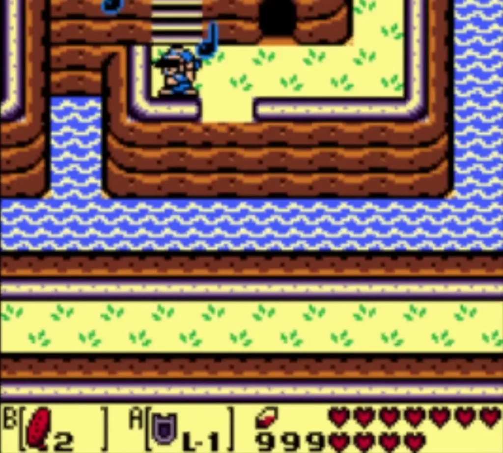Link plays Manbo's Mambo with music notes rising beside him outside a dungeon entrance Link plays Manbo's Mambo with music notes rising beside him outside a dungeon entrance