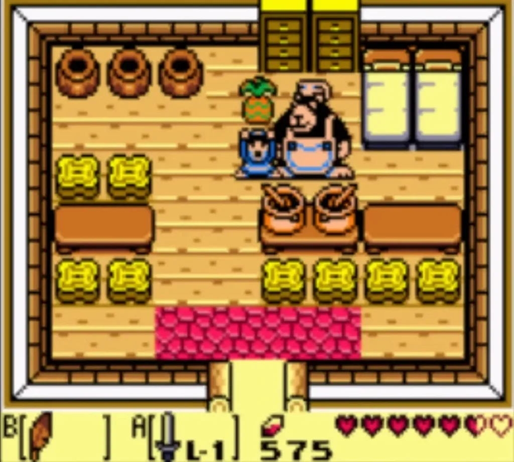 Link facing the honey shop bear as he hands over a Pineapple Link facing the honey shop bear as he hands over a Pineapple