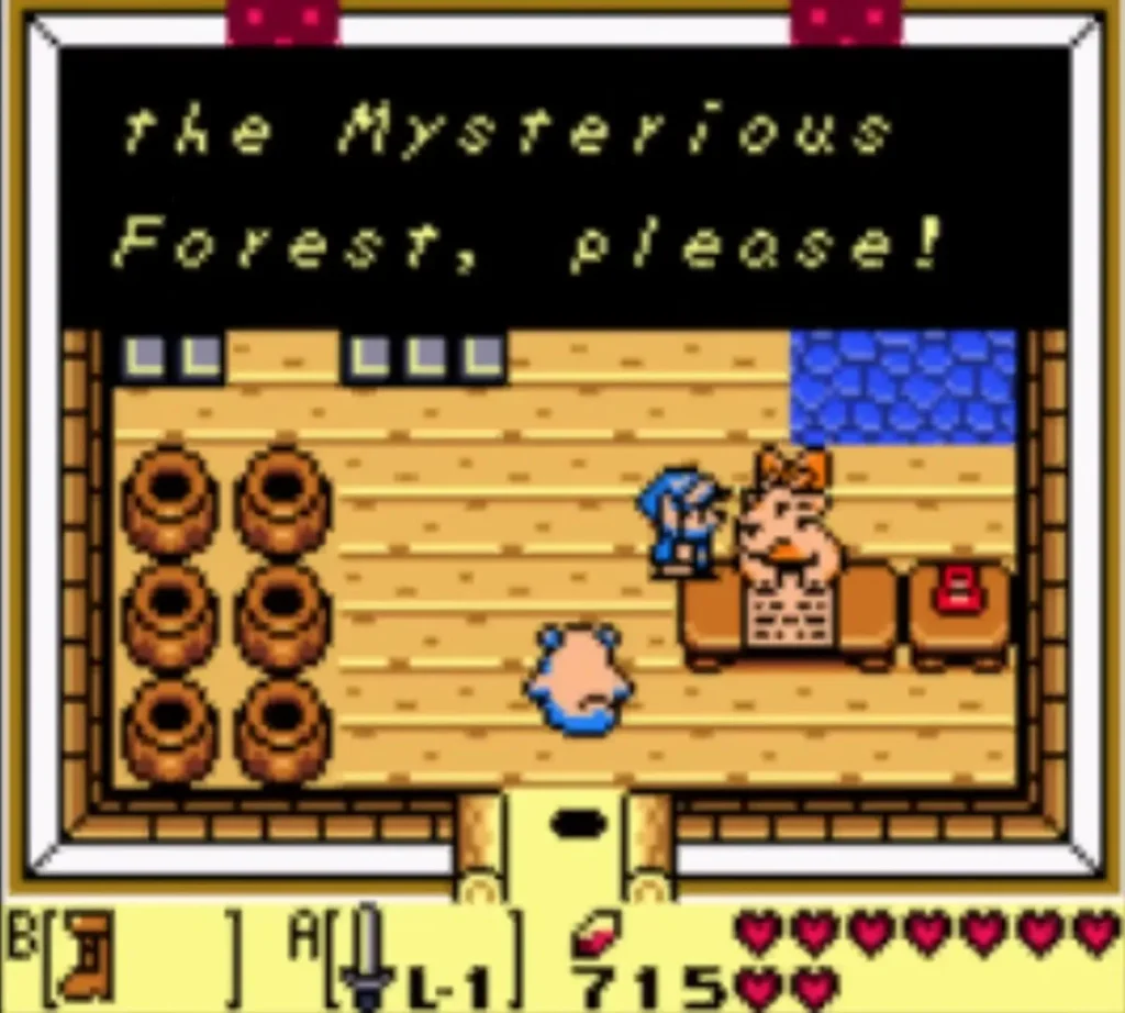 Box ends 'the Mysterious Forest, please!' as Link stands in Christine's house Box ends 'the Mysterious Forest, please!' as Link stands in Christine's house