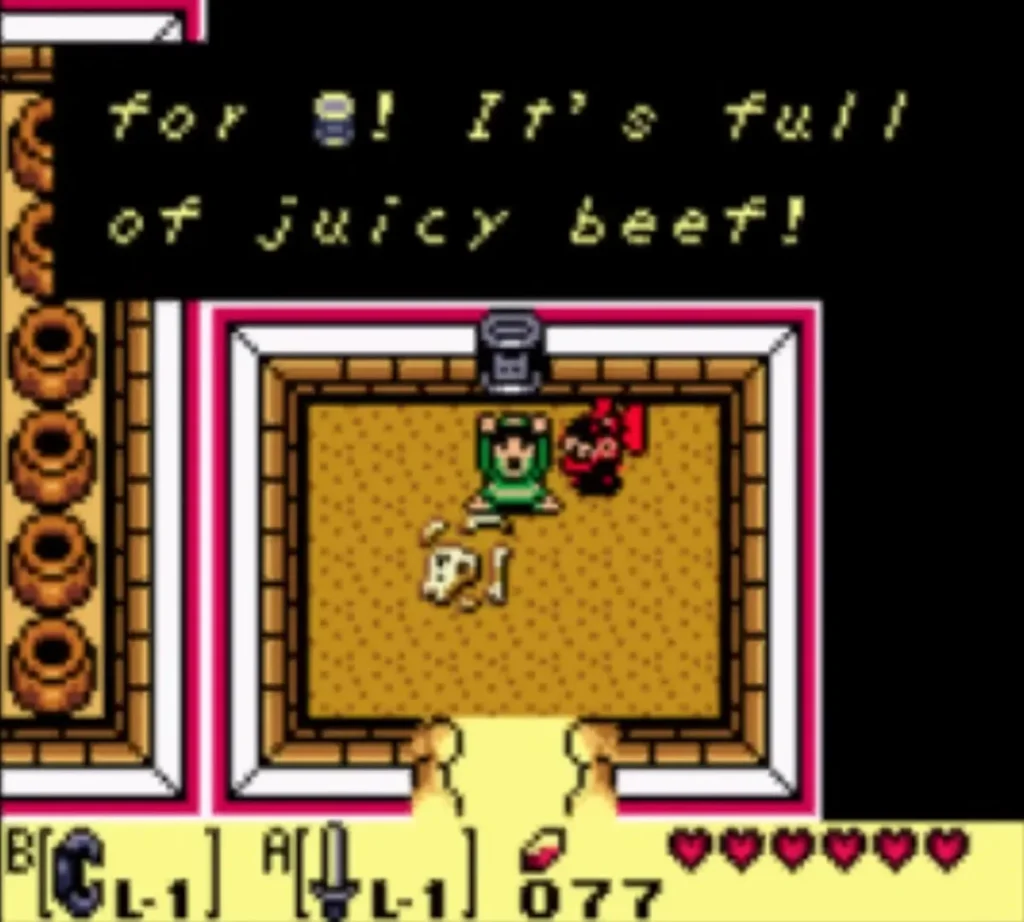 Box reads 'for [can icon]! It's full of juicy beef!' with Link cheering in the doghouse