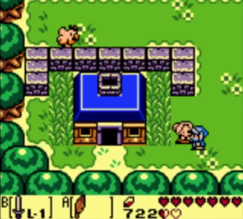 Link talks with the old woman outside the house with the purple-topped wall Link talks with the old woman outside the house with the purple-topped wall