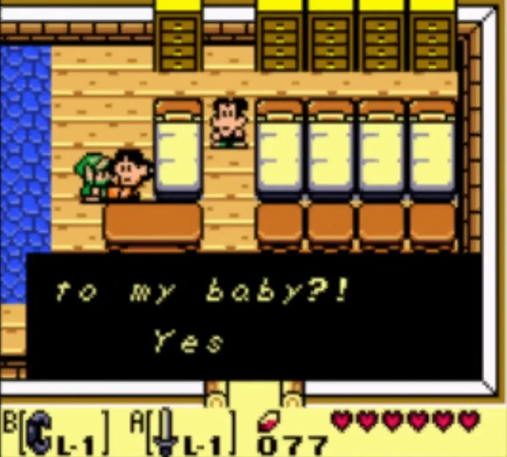 Box asks 'to my baby?!' with a Yes choice while Link stands beside Mamasha in her house Box asks 'to my baby?!' with a Yes choice while Link stands beside Mamasha in her house