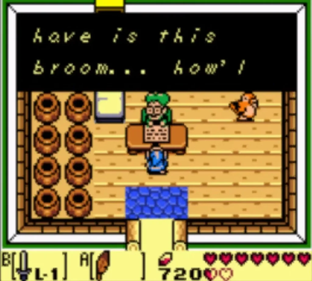 Mr. Write sits at his desk asking where the Broom came from while Link stands before him Mr. Write sits at his desk asking where the Broom came from while Link stands before him