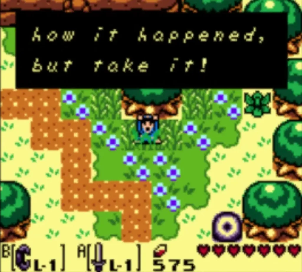 Box reads 'how it happened, but take it!' as Link stands in the grass near the beehive trees Box reads 'how it happened, but take it!' as Link stands in the grass near the beehive trees