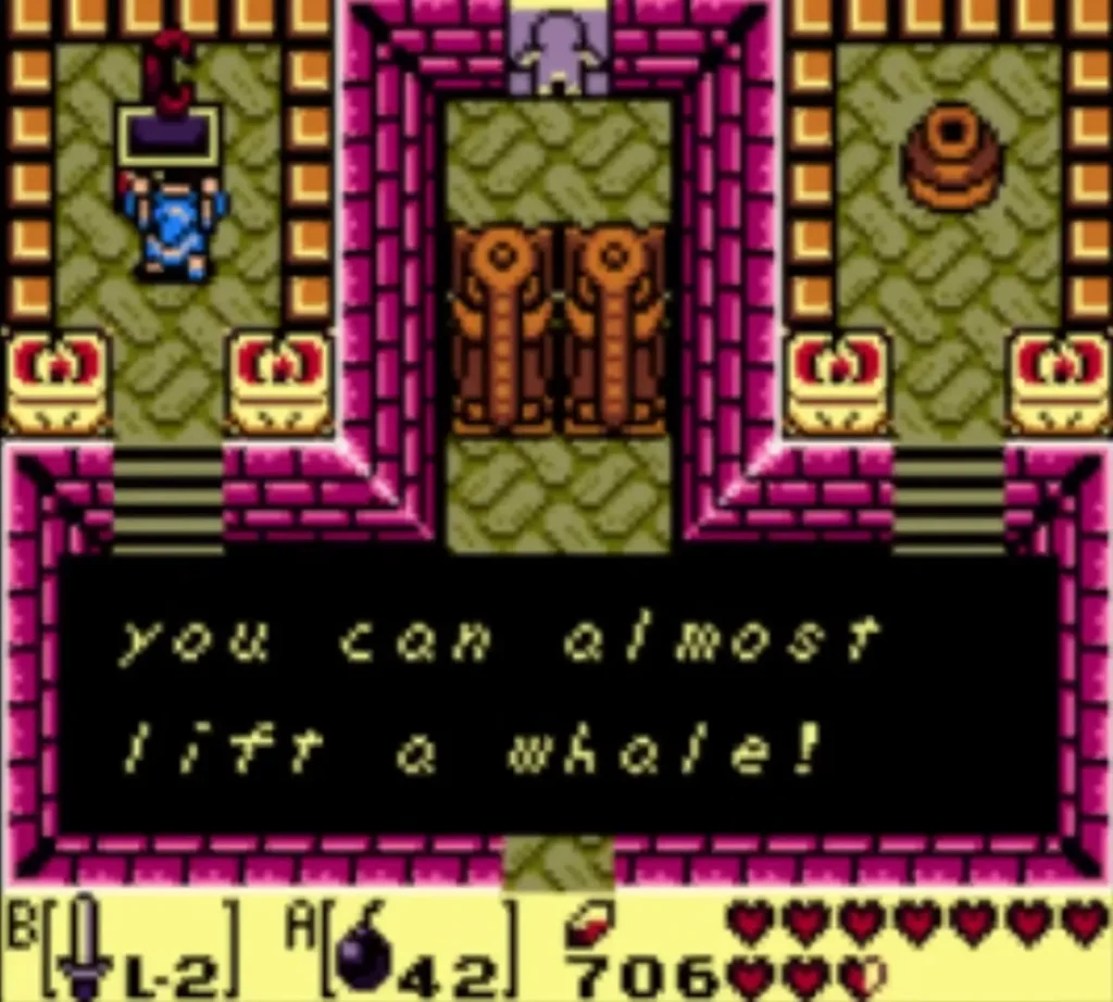 Message box ending you can almost lift a whale!, with Link holding an object overhead
