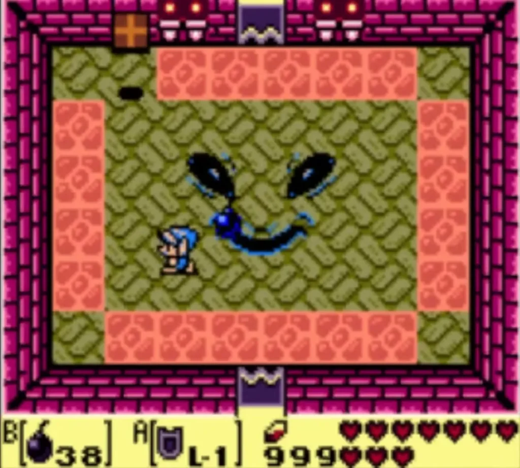 A bomb sits on Facade's face while Link stands to its left in the square room