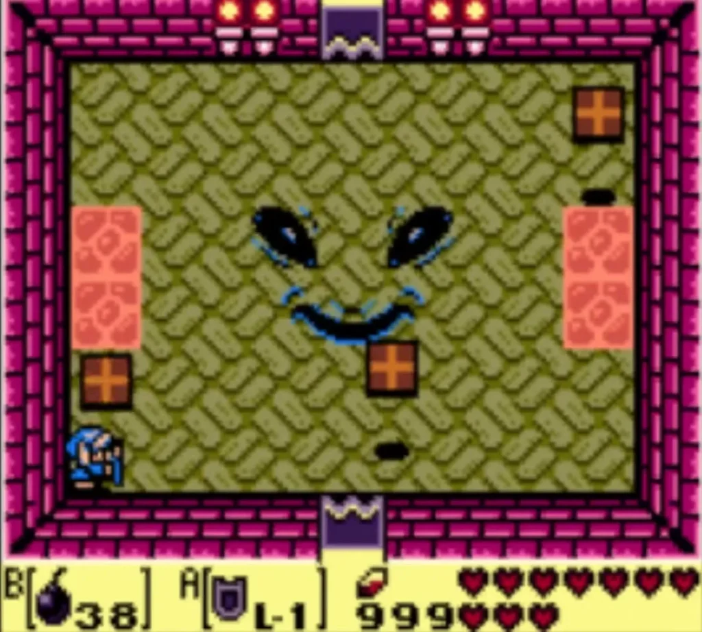 Facade's face in the middle of the room with stone blocks around it