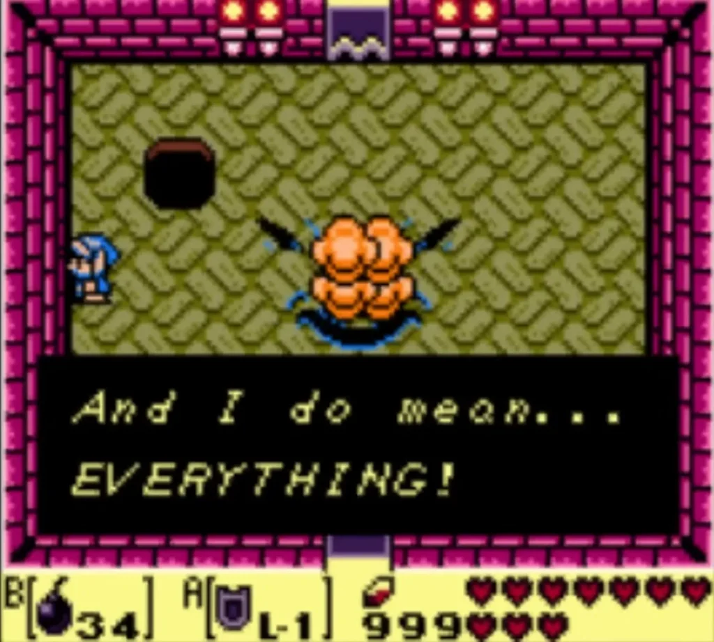 Facade's final shout, And I do mean everything, in a text box over the room