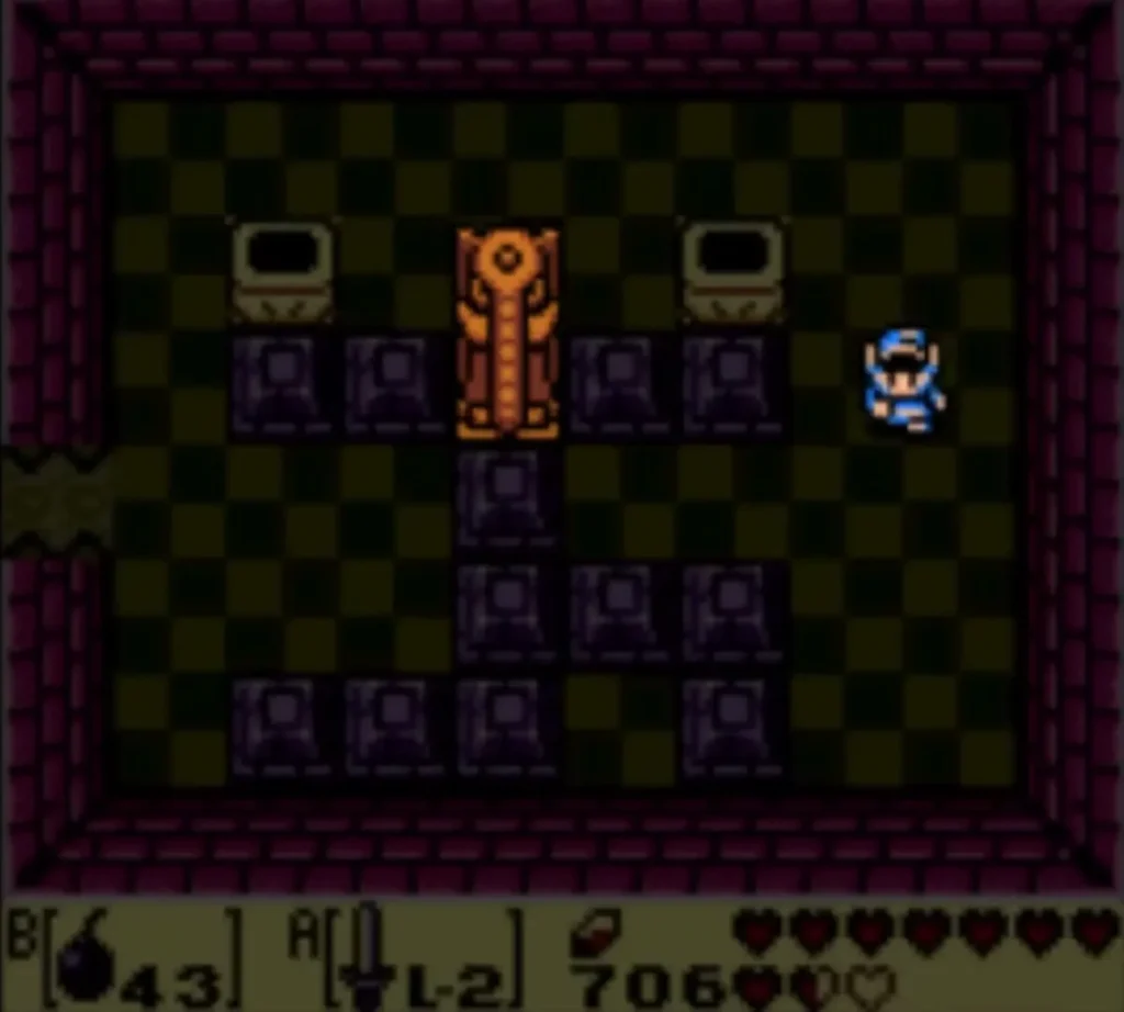 Link in a dark checkerboard Face Shrine room with bombs equipped