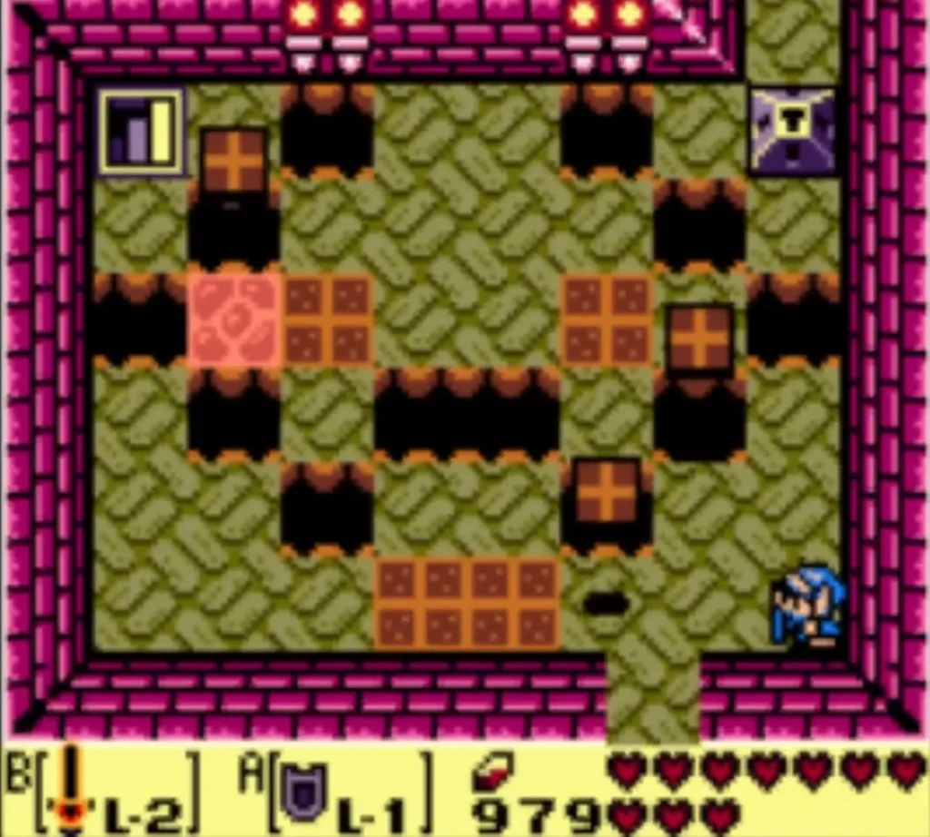 Link in the tile room with flying tiles and holes in the floor