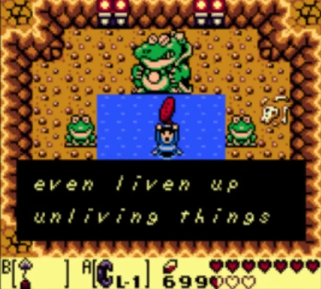 Message box reading even liven up unliving things, with Link raising an item above his head in the frog cave
