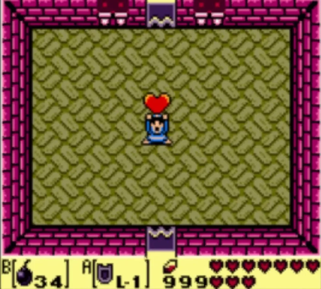 Link holds up a Heart Container in the empty room after Facade