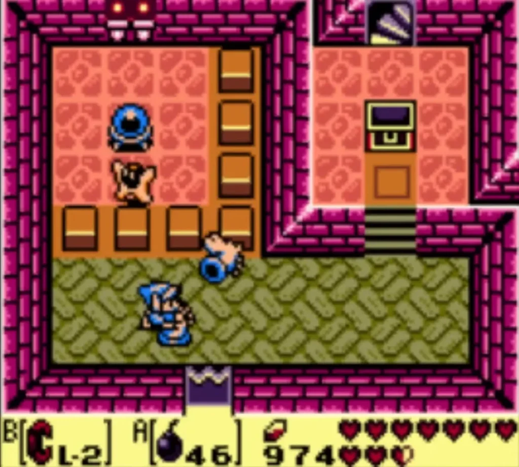 Link beside the horse-head piece and blocks in the chess puzzle room