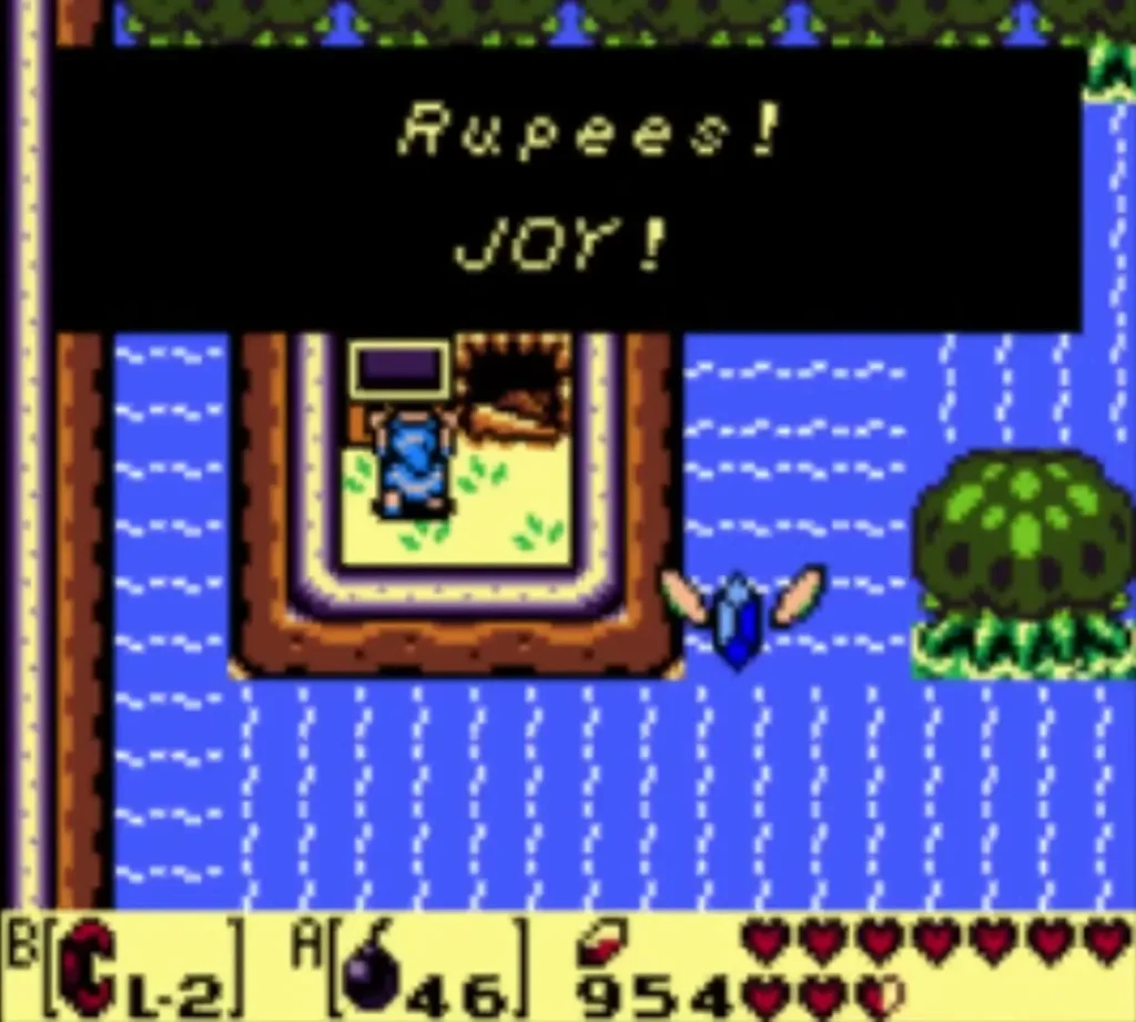 Message box reading Rupees! JOY! on screen in the island chest room