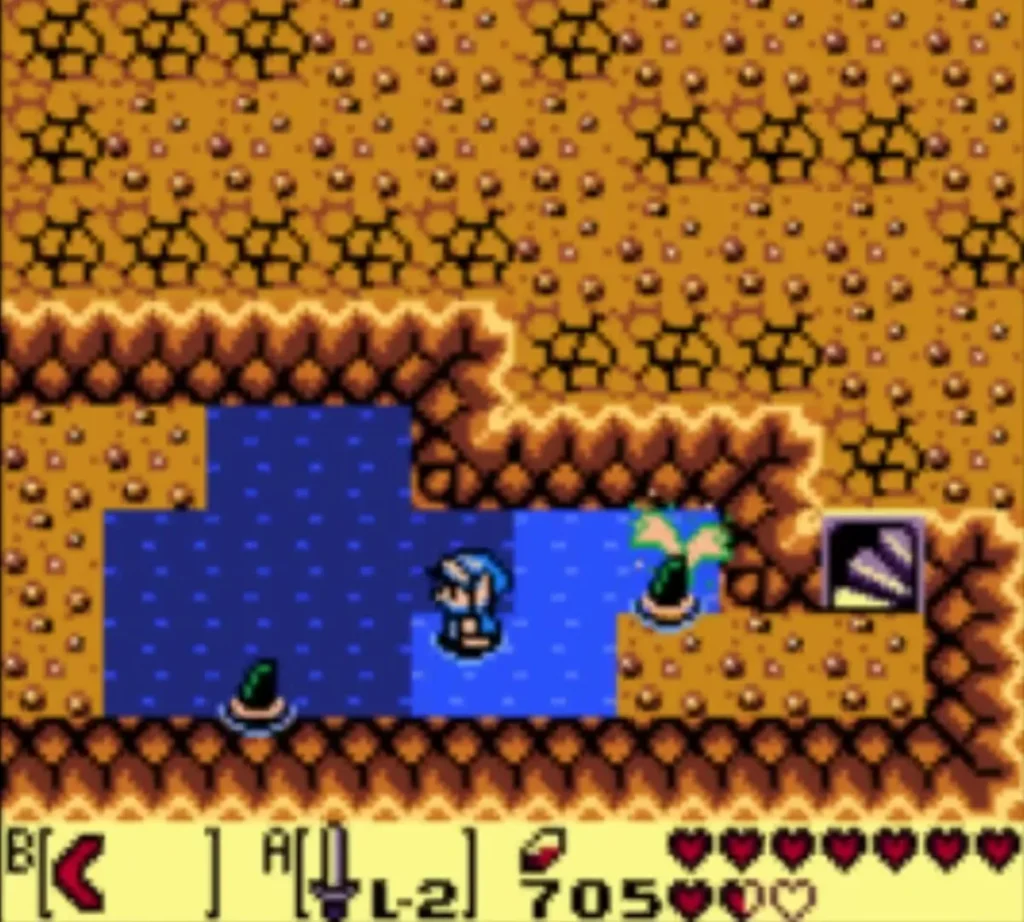 Link wading in a lake beside a green plant and a staircase