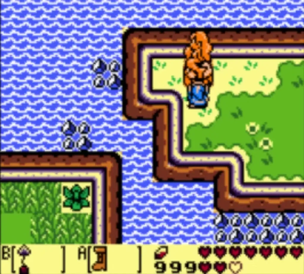 Link on the island beside the Mermaid Statue, with the statue standing on the grass