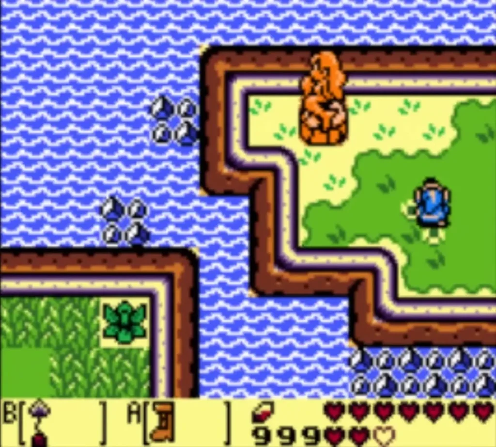 Link walking on the grass island toward the Mermaid Statue