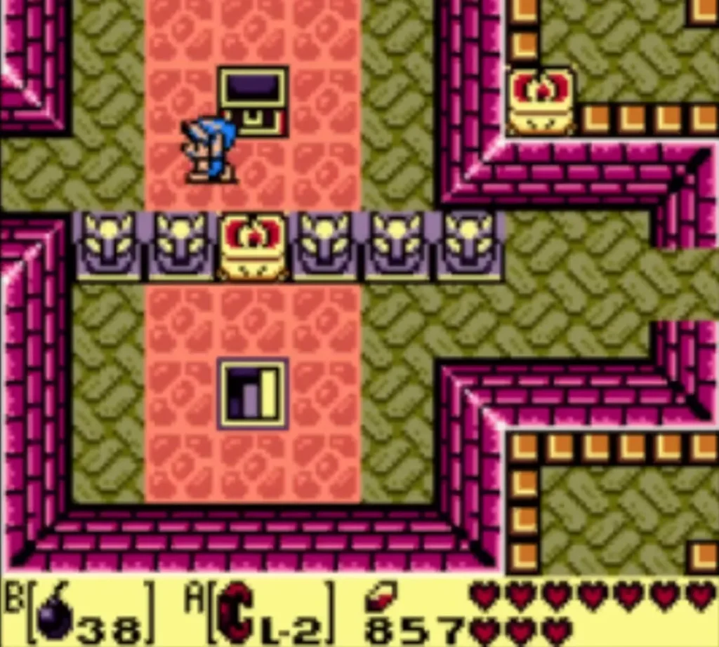 The opened chest in the salmon-floored chest room after Link takes the Stone Beak