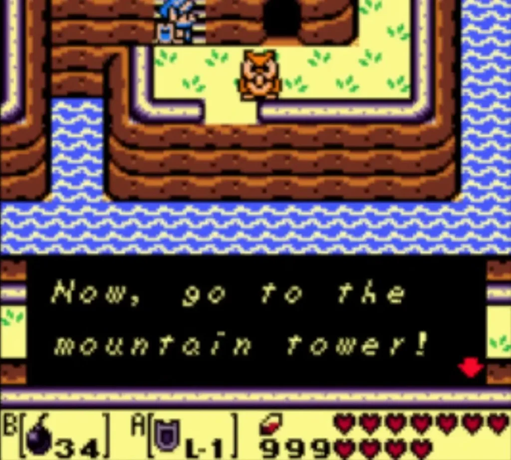 Owl in the grass says Now, go to the mountain tower in a text box