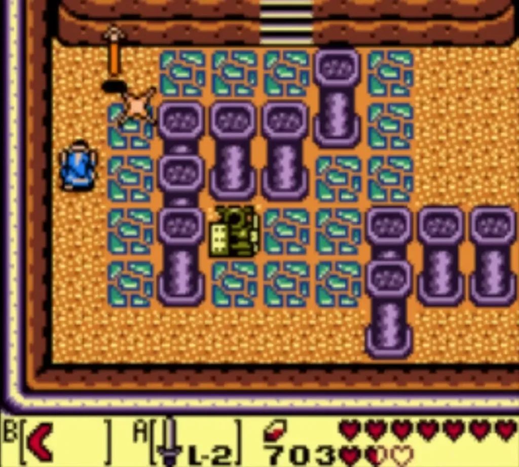 Link walking the pillar room toward the northwest corner with the Piece of Power