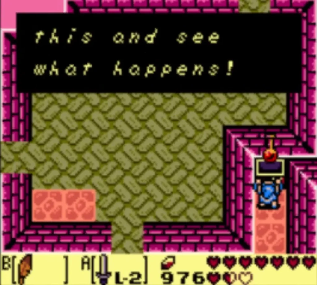 Message box ending with what happens! after Link receives the Secret Medicine