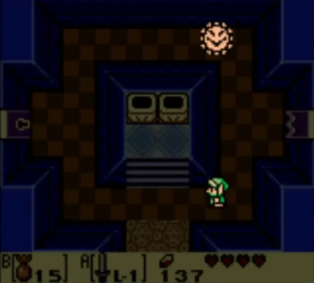 Link in the dark Bottle Grotto room with a checkered floor and a stone staircase Link in the dark Bottle Grotto room with a checkered floor and a stone staircase