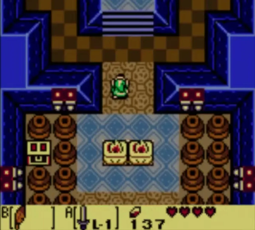 Link in the Bottle Grotto entrance chamber with two chests behind the pots and the north door ahead Link in the Bottle Grotto entrance chamber with two chests behind the pots and the north door ahead