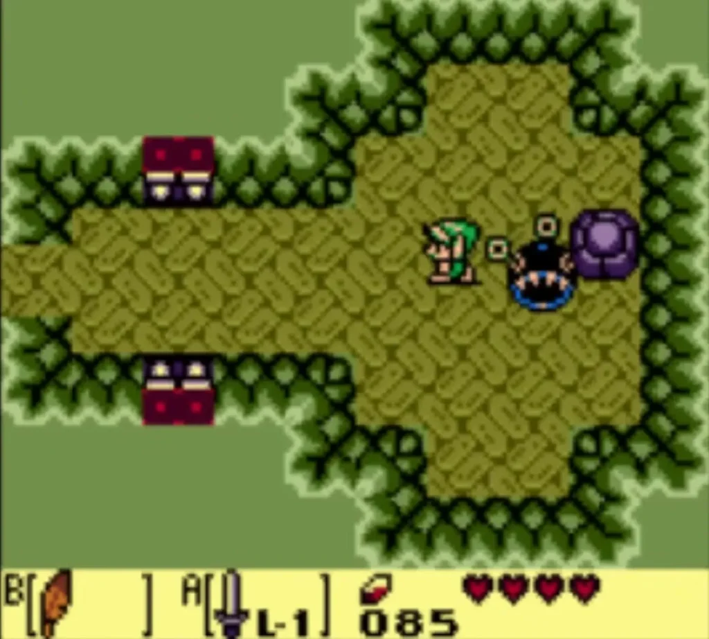 Link standing beside BowWow after freeing him from the rock in the Moblin Hideout Link standing beside BowWow after freeing him from the rock in the Moblin Hideout