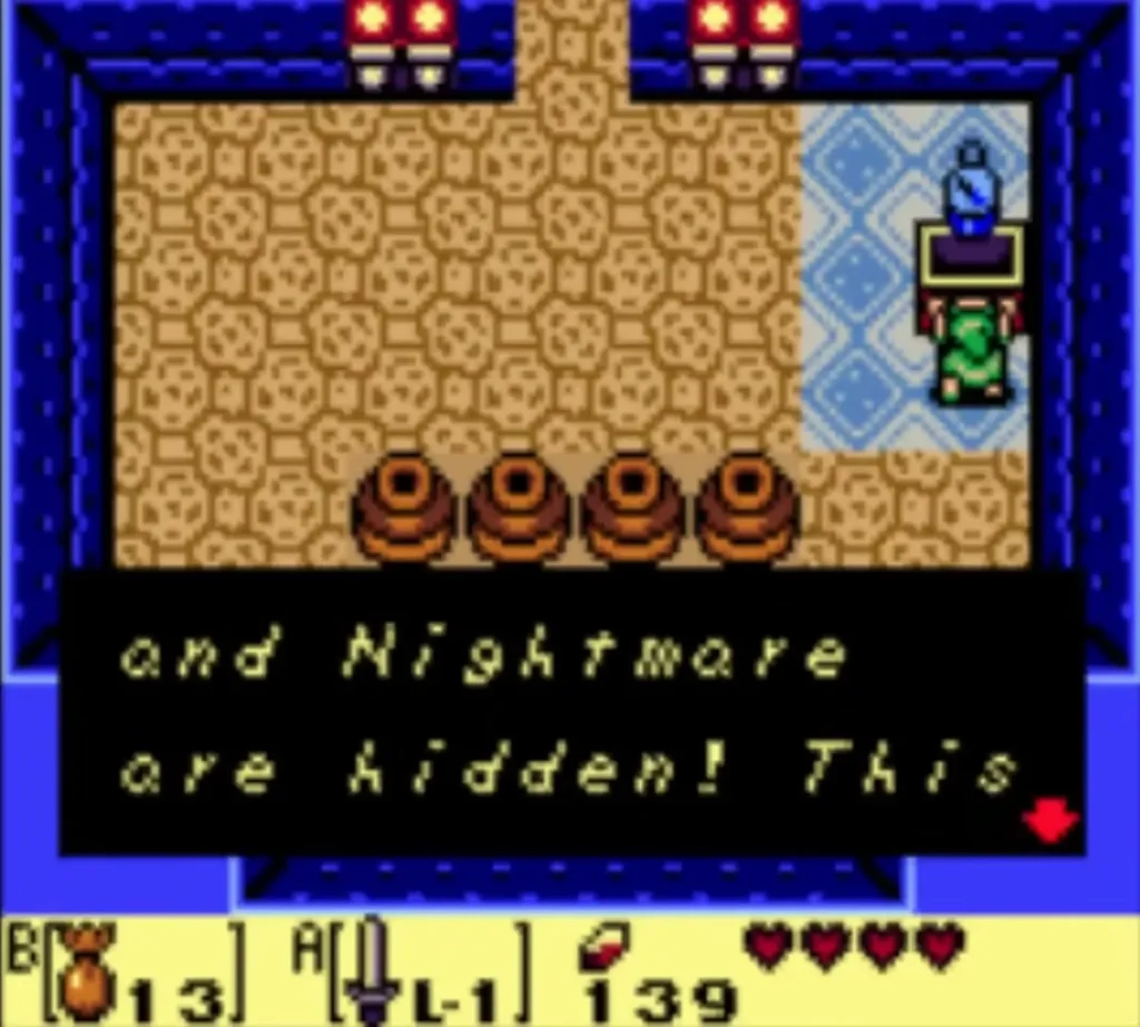 Compass message page about the chests and the Nightmare fully typed with Link holding the Compass Compass message page about the chests and the Nightmare fully typed with Link holding the Compass