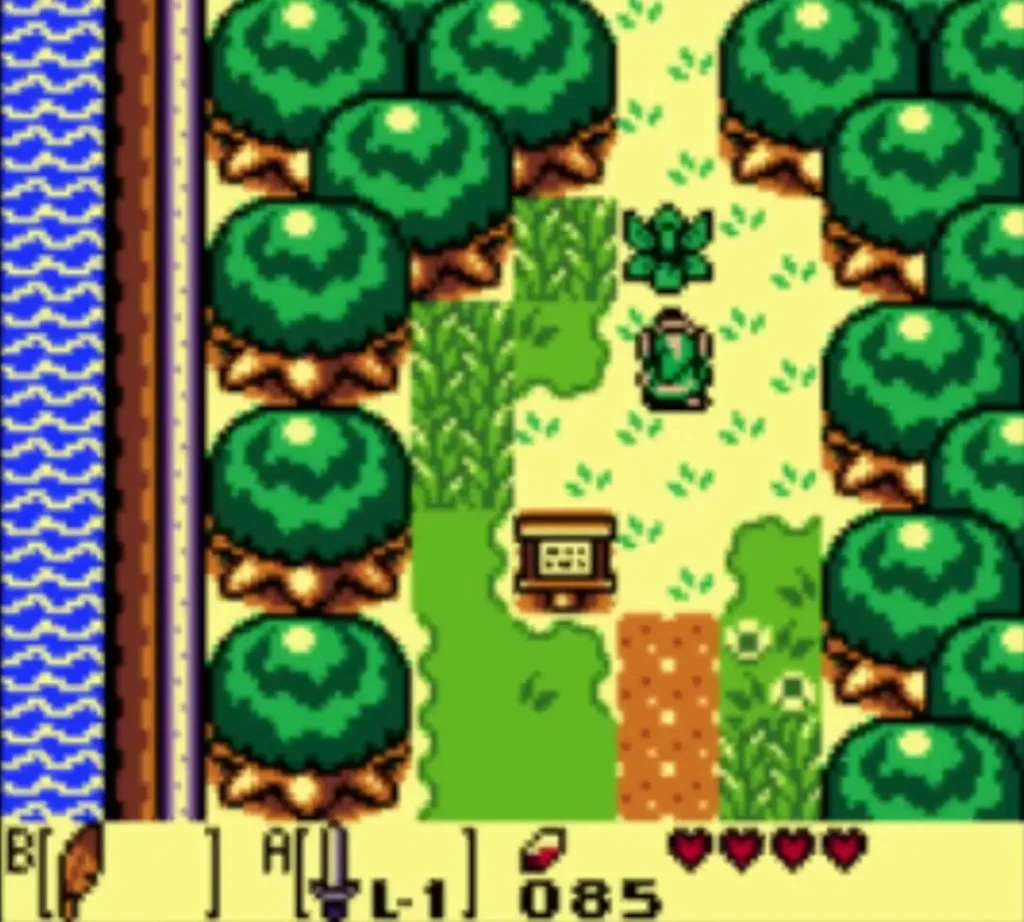 A treasure chest in a grassy clearing of the Mysterious Forest, with Link beside it A treasure chest in a grassy clearing of the Mysterious Forest, with Link beside it