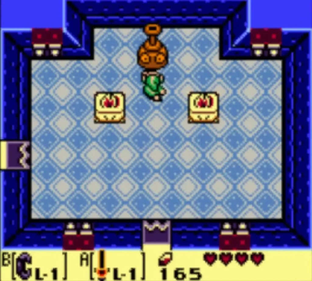 Link holding the Genie bottle over his head in the blue-tiled hall Link holding the Genie bottle over his head in the blue-tiled hall