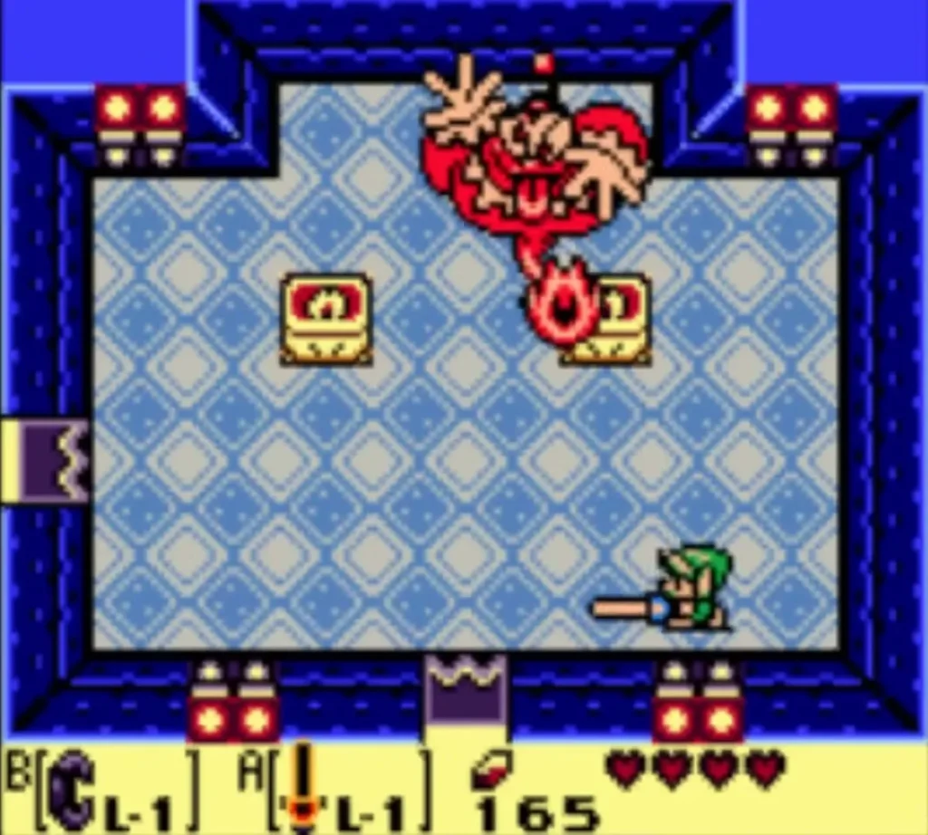 Link slashing with the Sword as the Genie throws a fireball beside the right chest Link slashing with the Sword as the Genie throws a fireball beside the right chest