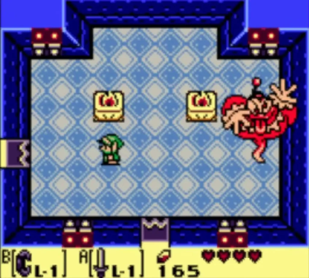 The Genie reappearing at the right side of the hall beside a chest as Link stands near the centre The Genie reappearing at the right side of the hall beside a chest as Link stands near the centre