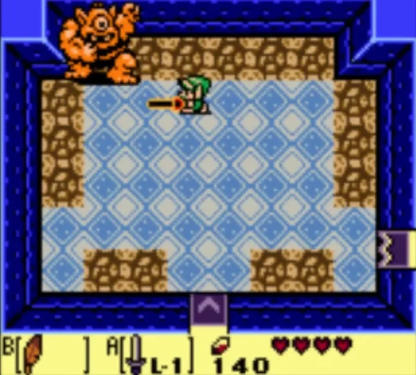 Link at the top of the blue-tiled Hinox room with the Sword out, the Hinox in the corner Link at the top of the blue-tiled Hinox room with the Sword out, the Hinox in the corner