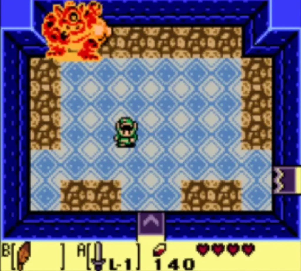 The Hinox still standing in the top-left corner of the blue-tiled room as Link waits below The Hinox still standing in the top-left corner of the blue-tiled room as Link waits below