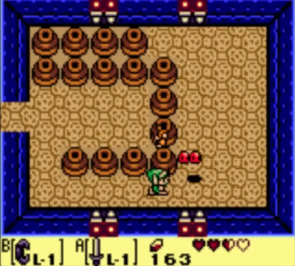 Link stands among stacked pots in the pot room with a red Pols Voice rabbit nearby Link stands among stacked pots in the pot room with a red Pols Voice rabbit nearby