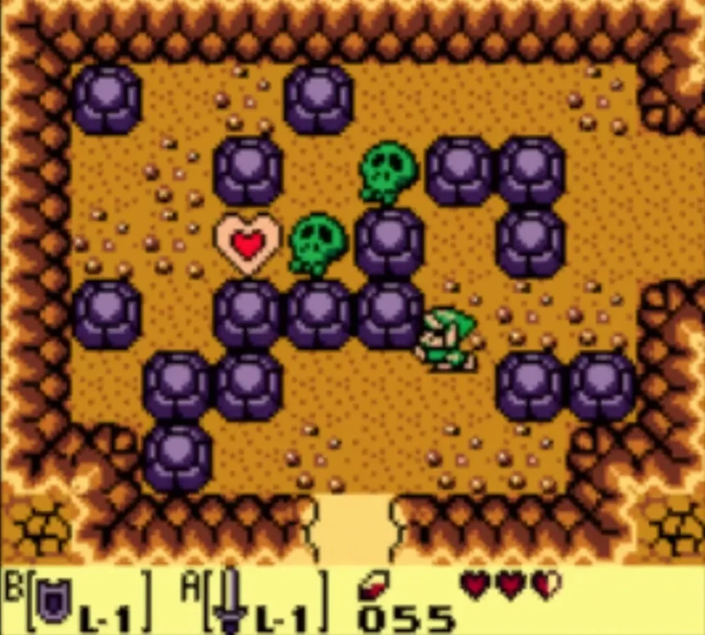 The Piece of Heart room of the Mysterious Forest log cave with Link beside the rocks and skull pots The Piece of Heart room of the Mysterious Forest log cave with Link beside the rocks and skull pots