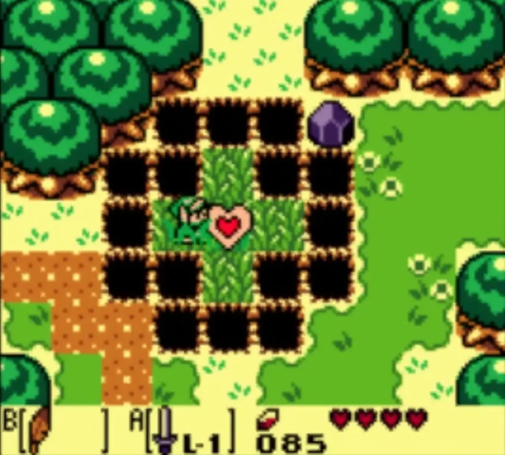 Link standing on the grass island in the pit ring with the Piece of Heart above him Link standing on the grass island in the pit ring with the Piece of Heart above him