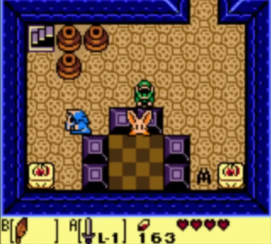 A Pols Voice, a Keese and a Shrouded Stalfos in the Bottle Grotto room with purple blocks and a chest A Pols Voice, a Keese and a Shrouded Stalfos in the Bottle Grotto room with purple blocks and a chest