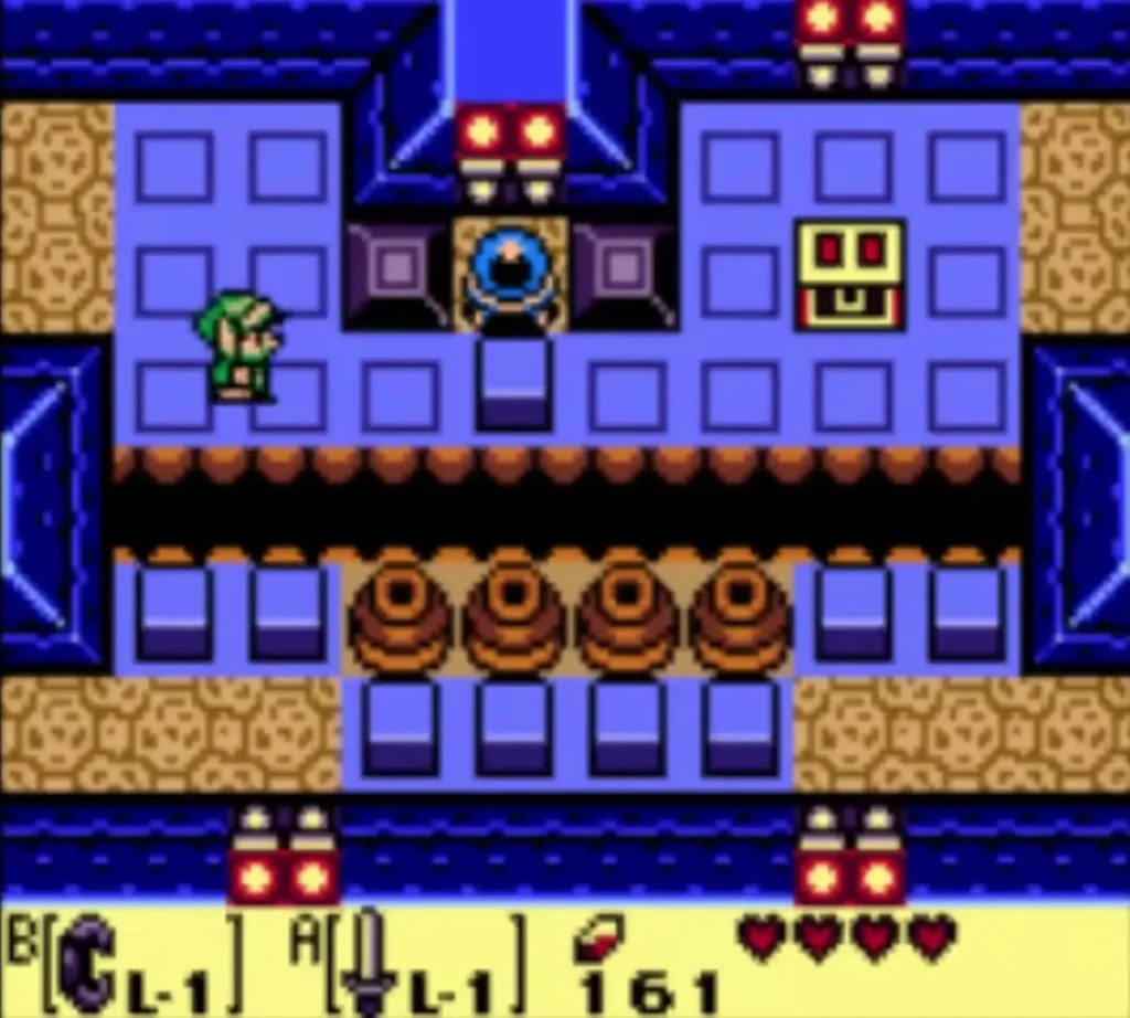 Link at the left of a blue-block room, with a crystal switch in the doorway above and an owl statue at right Link at the left of a blue-block room, with a crystal switch in the doorway above and an owl statue at right