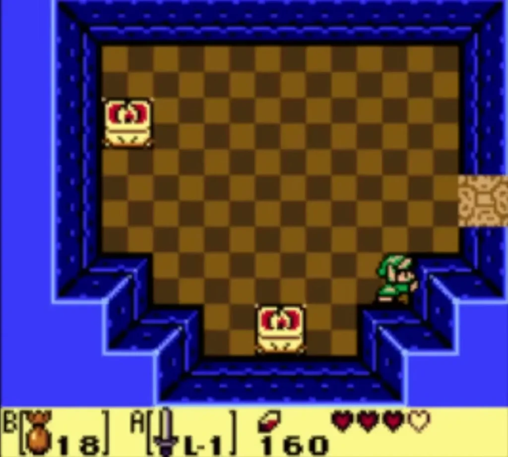 Link stands at the southeast edge of the checkered room, with two chests in view Link stands at the southeast edge of the checkered room, with two chests in view