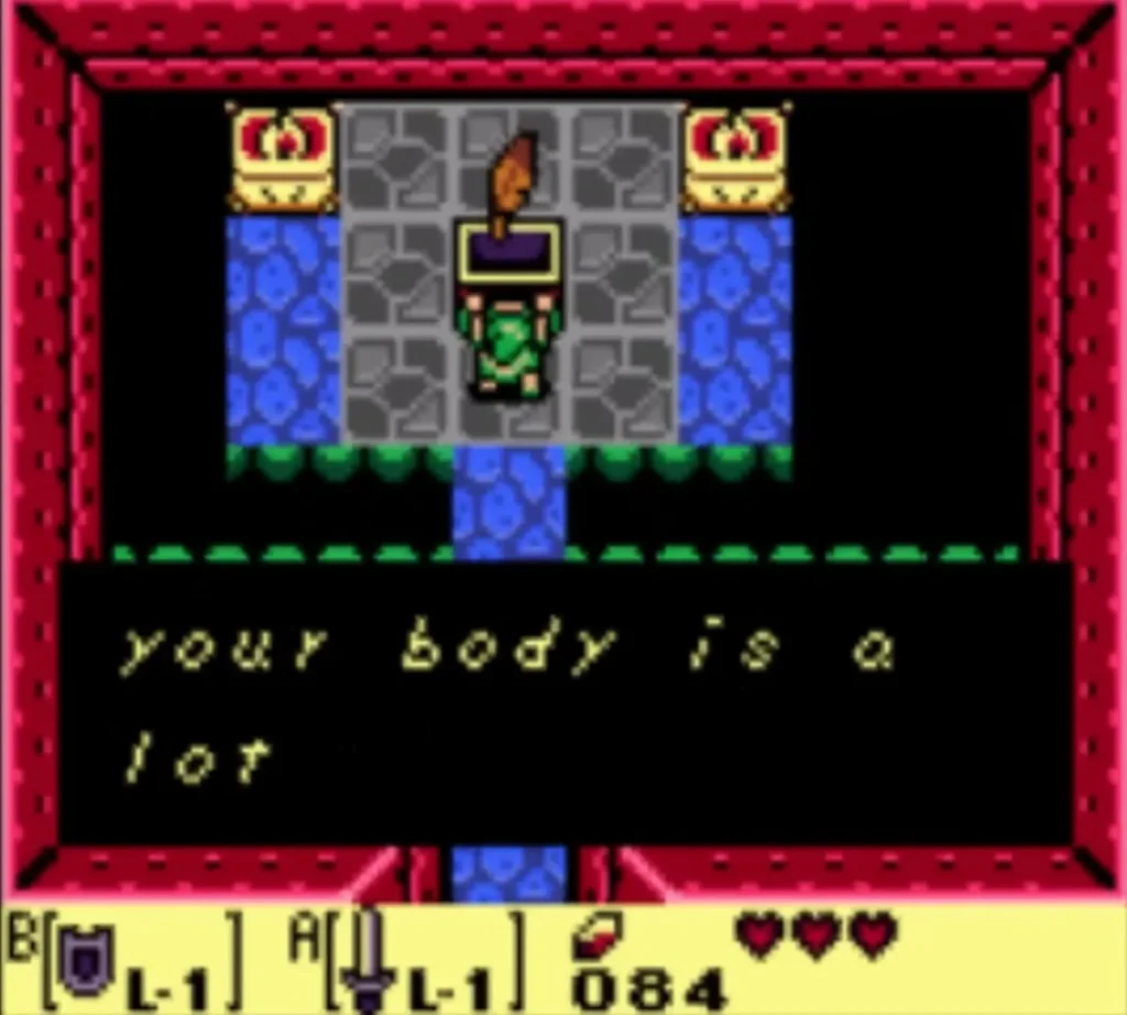 Link holds the Roc's Feather overhead in the chest room as its message box begins Link holds the Roc's Feather overhead in the chest room as its message box begins