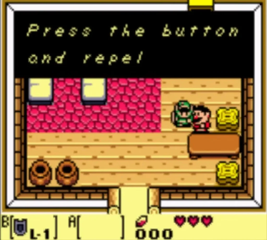 Message box about pressing the button to repel, fully typed, in Tarin's house after the Shield is returned Message box about pressing the button to repel, fully typed, in Tarin's house after the Shield is returned