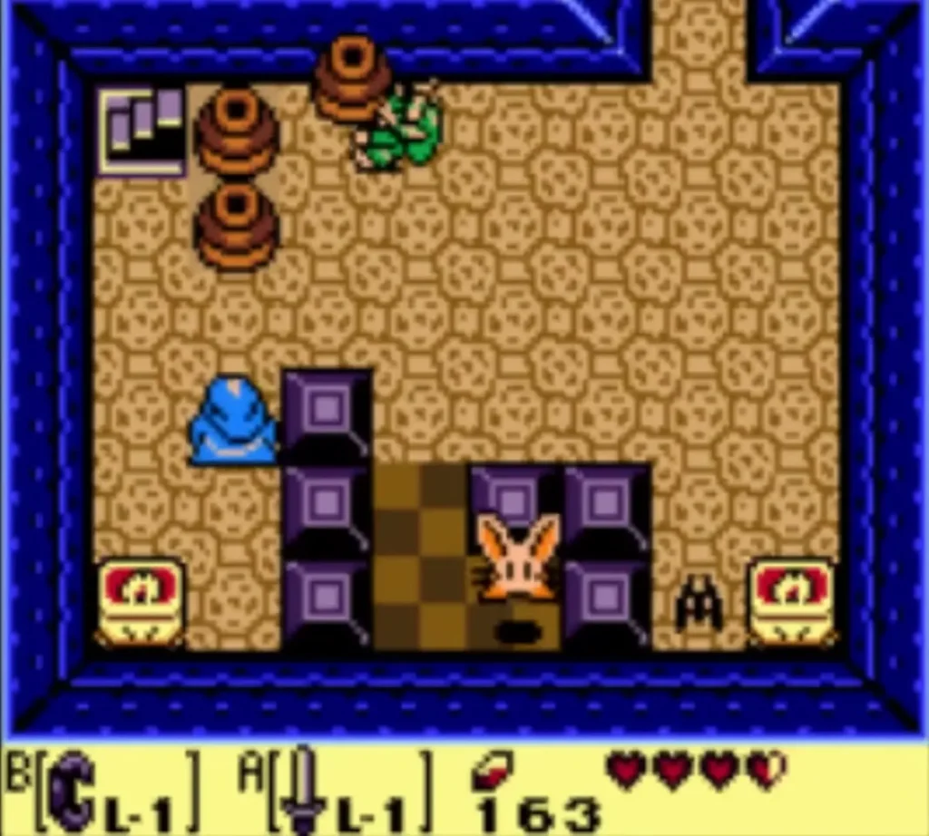 The Pols Voice and an orange Stalfos in the Bottle Grotto room with purple blocks and two chests The Pols Voice and an orange Stalfos in the Bottle Grotto room with purple blocks and two chests