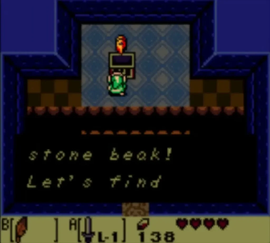 Message box reading stone beak, Let's find, fully typed as Link holds the Stone Beak overhead Message box reading stone beak, Let's find, fully typed as Link holds the Stone Beak overhead